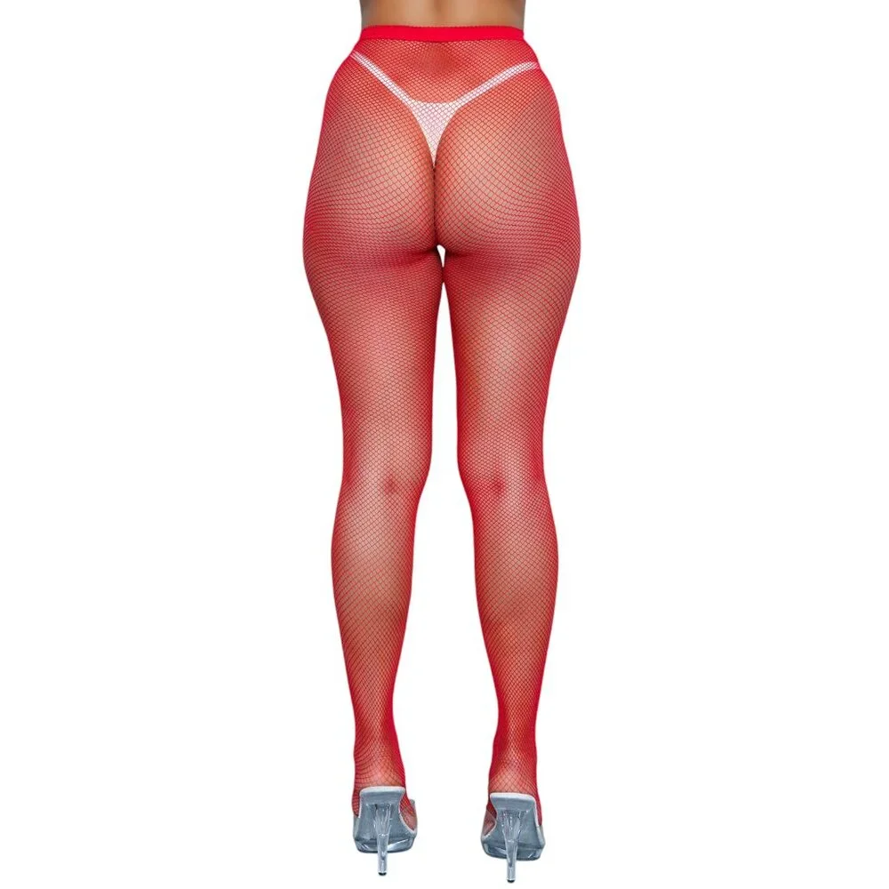 High Waisted Fishnet Pantyhose - Red